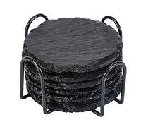 Slate Coasters Drink Coasters with Holder, 6 Pieces Rustic Round Handmade Coasters Black for Bar, Home, Restaurant, Hotel, Office Look Great Sturdy Utility, Ideal for Tea Coffee Mug, Cup…