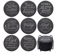 Slate Coasters for Drinks with Bible Verses, Black Stone Coasters Set of 8 with Holder, Soft Backing for Table Protection - Christian Gifts & Home Decor - 4 Inches