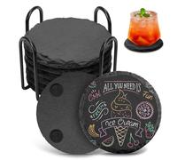 Slate Coasters with Metal Holder, Set of 8 Black Coasters, 4 Inch Stone Coaster Set with Anti-Scratch and Anti-Slip Bottom, Drink Coasters for Laser Engraving, Home Decor, Bar, Gifts, Round