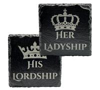 Slate Drinks Coasters Set of 2 - His Lordship & Her Ladyship Crown Design - Natural Slate Coaster Set (10cm) - Couples Gift for Wedding, Anniversary, New Home - Black