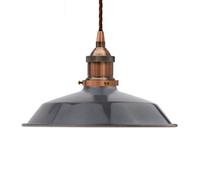 Slate Grey Small Trinity Metal Painted Dome Pendant Light With Antique Copper Lamp Holder And Brown Twisted Cable - Se Home