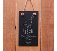 Slate hanging door sign "Bell out of order please knock"