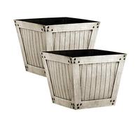 Slatted Wood Style Plastic Planter - Natural, Set of 2 - Suitable for Indoor or Outdoor Use - 25cm (H) x 31cm (Dia)