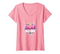 Slay All Day: Empowering Crown Design for Confidence V-Neck T-Shirt, Women, Pink, XXL