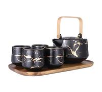 SLCHJX Handmade Ceramic Teapot Set 6 PCS Japanese Sake Cup Tea Set Marbling Kettles with Wooden Trays