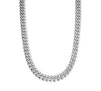 SLCHJX Hip Hop 13.5MM Prong Cuban Chain 2 Row Bling Rhinestone Zircon Paved Necklaces Bracelets For Men Women Jewelry-Silver Necklace,24inch