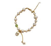 SLCHJX Natural Freshwater Pearls Bracelet Baroque Pearl Feng Shui Cat's Eye Stone Lucky Wu Lou Charm Pendant Enamel Flower Gilded Adjustable Bracelet Amulet for Women Wealth Prosperity Cinnabar