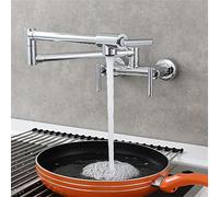 SLCHJX Pot Filler Faucet Wall Mounted, 3 Handles Dual Holes Solid Brass Folding Kitchen Restaurant Sink Faucet with Double Joint Swing Arm,Black(Chrome)