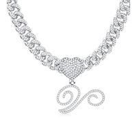 SLCHJX RLMOON Cursive Initial Cuban Necklace for Women Iced Out Cuban Chain Choker Necklace Diamond Initial Heart Pendant Letter Necklace Alphabet A-Z Hip Hop Jewelry