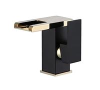 SLCHJX Waterfall tap led, 3-Color Changing Lavatory Vanity Faucet, Brass Mixer tap Bathroom Sink Waterfall, Single Handle 1 Hole hot and Cold Water Mixer Black Gold,Short