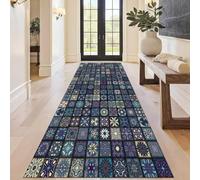SLDAGe Bohemian Blue Runner Rug,Vintage Checkered Laundry Room Rug Runner,Boho Washable Non Slip Kitchen Floor Rugs,Geometric Long Rugs for Hallway,Living Room,Bedroom,Entrance,Bathroom,100x420cm