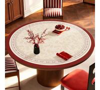 SLDAGe Cream Tablecloth with Elegant Floral Textured Valentines Day Table Cloths,Wrinkle Free and Waterproof Premium Leather Round Tablecloths with Red Border for Outdoor Parties,Events & Weddings,30"