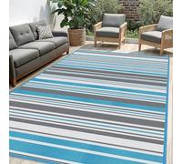 SLDAGe Outdoor Reversible Patio Rug,Lightweight Indoor Outdoor Rugs,Waterproof Outside Floor rug,Modern striped Plastic Straw Rugs for Camping Deck Balcony Picnic (Gray White Blue),4'x6'/120x180cm