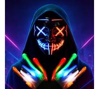SLDALES LED Halloween Purge Mask & Light Up Gloves Set - 3 Light Modes Scary Face Mask + 6 Mode Glow Skeleton Gloves - Halloween Costume for Adults & Kids (Blue/Red)