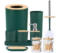 SLDIYWOW 9-Piece Dark Green Bathroom Accessories Set with Trash Can, Tray, Soap Dispenser, Toothbrush Holder, Toothbrush Cup, Soap Dish, Toilet Brush and Q-tip Holders for Bathroom/Housewarming