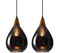 Sleek 2-Pack Smoke Glass Pendant Light E27 Chandelier for Living Room Kitchen Bar Hallway Staircase - Modern Ceiling Fixture with Crystal Accents