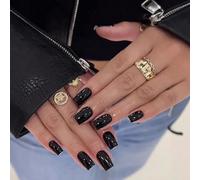 Sl lossy Black Press On Nails with Mirror Finish - 24-Piece Long Square Reusable False Nails for Women, Multi Size Kit for Elegant Manicure at Home, Salon Quality High Shine Reflective