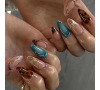 Sleek Long Almond False Nails with Glossy Teal Ombre & Leopard Print Designs - Durable Press On Nails for Women Featuring Gold Embellishments, French Manicure Styles & Metallic Beads