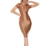 Sleek Shiny Dress for Women Sexy Oil Glossy Lingerie in Bodycon Style with Packet Hip (L Coffee)
