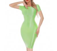 Sleek Shiny Dress for Women Sexy Oil Glossy Lingerie in Bodycon Style with Packet Hip (M Fluorescent green)