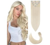 SLEEKALON Human Hair Extensions Clip in Real Hair Remy #60 Platinum Blonde - 24 Inch 80 Gram 8 Pcs Invisible Full Head Weft Straight