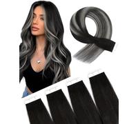 SLEEKALON Invisible Tape in Hair Extensions Real Human Hair 10 Pcs Thinned Version #1B/1B/GREY Ombre Natural Black/Grey - Seamless Skin Weft Remy HairPiece Extension 20 Inch 15 Gram