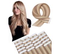 SLEEKALON Invisible Tape in Hair Extensions Real Human Hair 20 Pcs Thinned Version #12/613 Golden Brown Mix Bleach Blonde - Seamless Skin Weft Remy HairPiece Extension 14 Inch 30 Gram