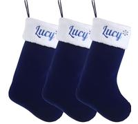 Sleeleece Personalised Christmas Stocking with Names,White Plush Embroidery Christmas Stocking,18 In Blue Velvet Xmas Stockings,Xmas Fireplace Hanging Stockings Personalised for Holiday Party Decor