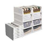 Sleeleece Set of 8 Stackable Foldable Wardrobe Storage Box Organizer,Easy Open and Folding,Plastic White Wardrobe Shelves Closet Organiser Box,Pull Out Like a Drawer,Suitable for Home,Bedroom,Kitchen