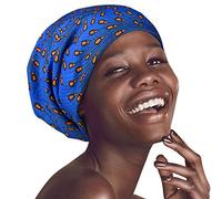 Sleep Cap Satin Bonnet Extra Large African Print Hair Wrap for Curly Hair, Locs Black Women, Blue Flower, One Size