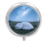 Sleep Cat Starry Night Pill Case with Mirror, Retro 3 Compartments, Small Pill Organizer, Round Metal Pill or Vitamin Box for Fish Oil