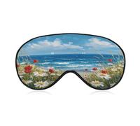 Sleep Eye Mask Beach White Daisies and Red Poppies Sleep Mask for Women Men Adjustable Strap Blindfold Eye Cover for Travel Yoga Nap Shift Work