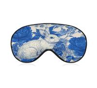 Sleep Eye Mask Blue and White A Rabbit Flowers Sleep Mask for Women Men Adjustable Strap Blindfold Eye Cover for Travel Yoga Nap Shift Work