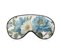 Sleep Eye Mask Blue White Peonies Green Leaves Watercolor Sleep Mask for Women Men Adjustable Strap Blindfold Eye Cover for Travel Yoga Nap Shift Work