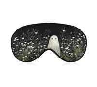 Sleep Eye Mask Cute Ghost in A Field of White Wildflowers Sleep Mask for Women Men Adjustable Strap Blindfold Eye Cover for Travel Yoga Nap Shift Work