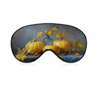 Sleep Eye Mask Three Pumpkins and Yellow Leaves on The Table Sleep Mask for Women Men Adjustable Strap Blindfold Eye Cover for Travel Yoga Nap Shift Work