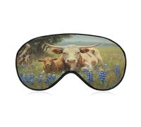 Sleep Eye Mask Two Cow in an Open Blue Flower Field Sleep Mask for Women Men Adjustable Strap Blindfold Eye Cover for Travel Yoga Nap Shift Work