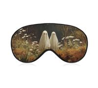 Sleep Eye Mask Two Cute Ghosts Walking Wildflowers Field Sleep Mask for Women Men Adjustable Strap Blindfold Eye Cover for Travel Yoga Nap Shift Work