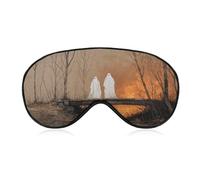 Sleep Eye Mask Two White Ghosts Standing on Old Wooden Bridge Sleep Mask for Women Men Adjustable Strap Blindfold Eye Cover for Travel Yoga Nap Shift Work