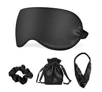 Sleep Masks Silk Sleep Eye Mask Travel Set Soft Sleeping Eye Mask with Hair Scrunchie Head Band and Travel Pouch for Girls Ladies 4 Pcs Black