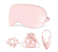 Sleep Masks Silk Sleep Eye Mask Travel Set Soft Sleeping Eye Mask with Hair Scrunchie Head Band and Travel Pouch for Girls Ladies 4 Pcs Pink
