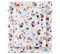 Sleep Philosophy True North 100% Cotton Flannel Sheets Cal King Size, Cozy Flannel Sheet Set Brushed for Extra Softness, Heavyweight Novelty Print Warm Flannel Bedding Set, White Village Print 4 Piece