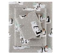 SLEEP PHILOSOPHY True North Cozy Flannel Warm 100% Cotton Sheet - Novelty Print Animals Stars Cute Ultra Soft Cold Weather Bedding Set, Queen, Grey Penguins