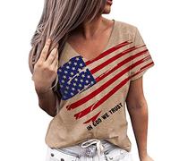 Sleep Shorts Women's Short Women Hand-Painted American Flag Shirt V-Neck T-Shirt Pullover Short Sleeve Top Independence Day Shirt Long Sleeve Blouse Women, khaki, M