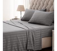 SLEEP ZONE Striped Cooling Queen Sheets Set - Fitted Flat Sheet & Pillowcase Sets 4 Piece - Super Soft Stripe Bed Sheet, Easy Care, Deep Pocket (Gull Grey, Queen)