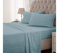 SLEEP ZONE Striped Cooling Queen Sheets Set - Fitted Flat Sheet & Pillowcase Sets 4 Piece - Super Soft Stripe Bed Sheet, Easy Care, Deep Pocket (Flint Blue, Queen)