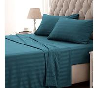 SLEEP ZONE Striped Cooling Sheets Set Full Size - Fitted Flat Sheet & Pillowcase Sets 4 Piece - Super Soft Stripe Bed Sheet, Easy Care, Deep Pocket (Teal, Full)