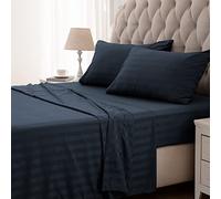 SLEEP ZONE Striped Cooling Sheets Set King Size - Fitted Flat Sheet & Pillowcase Sets 4 Piece - Super Soft Stripe Bed Sheet, Easy Care, Deep Pocket (Navy Blue, King)