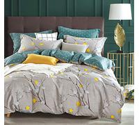 SLEEPBELLA Comforter Twin Size, 600 Thread Count Cotton Grey Branch with Yellow Turquoise Polka Dot Pattern Green Reversible Comforter Set,Down Alternative Bedding Set 2Pcs (Twin, Grey Branch)