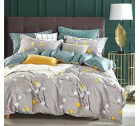 SLEEPBELLA Duvet Cover King, 600 Thread Count Cotton Grey Branch with Yellow Turquoise Polka Dot Pattern Green Reversible Comforter Cover(King, Grey Branches)